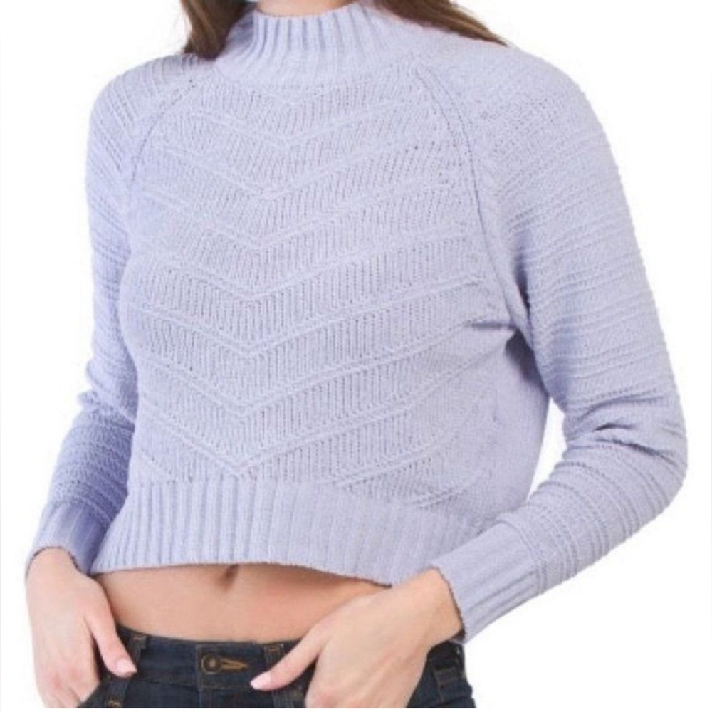 Generation K Womens Lavender Purple Mock Neck Chevron Knit Cropped Sweater Small